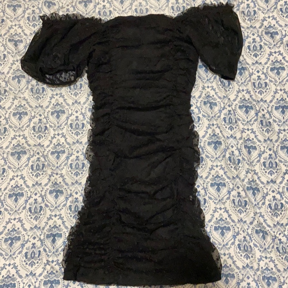 Gathered mesh dot dress